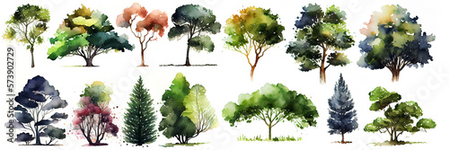 Watercolor trees collection. Set of hand drawn trees. Forest tree pack. Generative Ai.