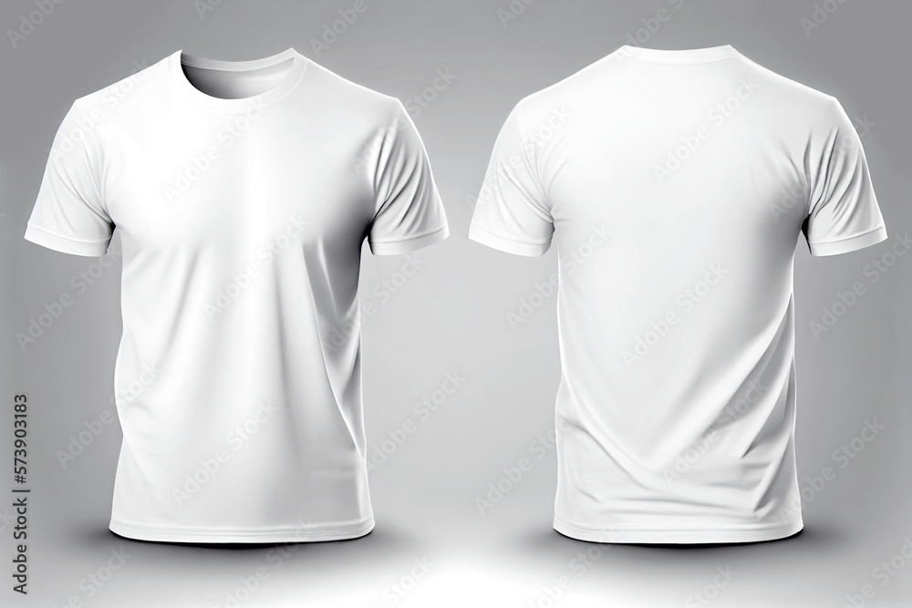 Ilustração do Stock: T-shirt mockup. White blank t-shirt front and back  views. Female and male clothes wearing clear attractive apparel tshirt  models template. Generative Ai.