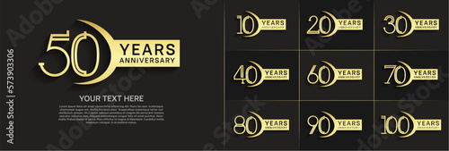 set of anniversary logotype gold color and ribbon for special celebration event