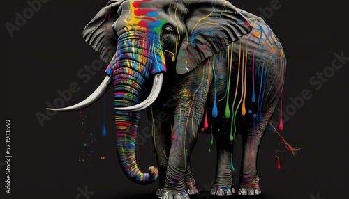  an elephant with a lot of paint on it's face and tusks, standing in front of a black background with multicolored paint splats. generative ai