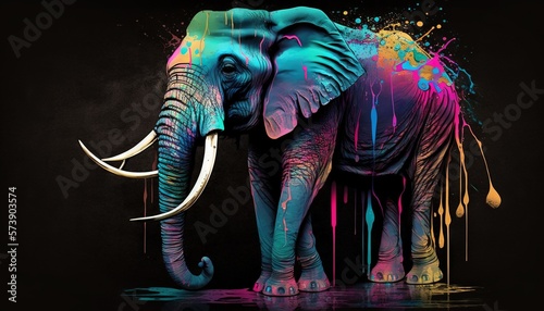  a colorful elephant with tusks and tusks painted on it's face and trunk, standing in front of a black background. generative ai