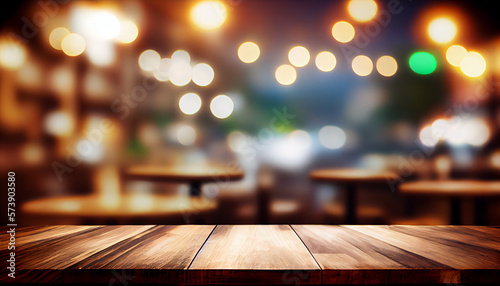 Image of wooden table in front of abstract blurred background of restaurant lights. Generative Ai.