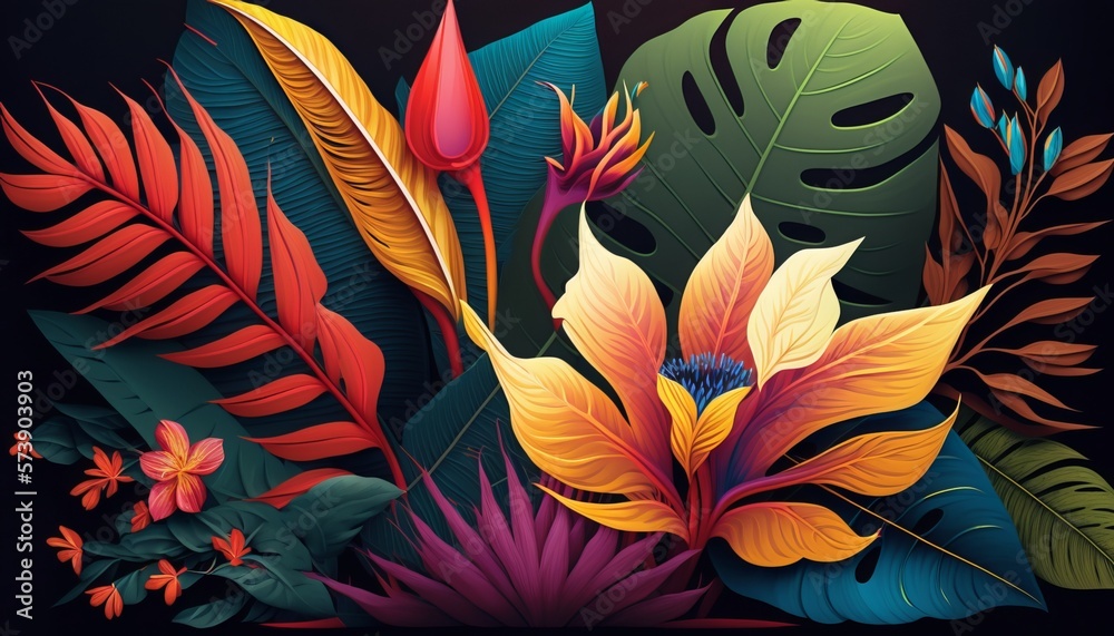 Tropical Leaves and Flowers. AI generative. 