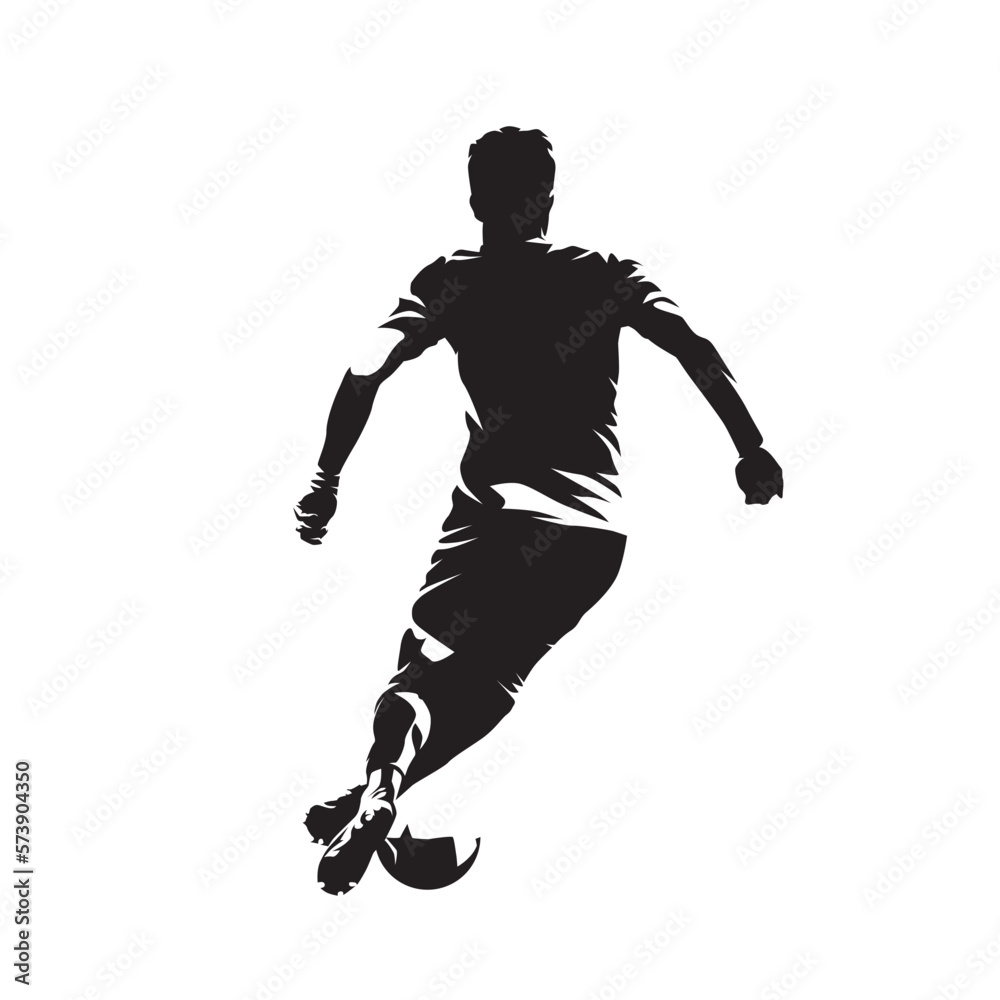 Football. Soccer player running with ball, isolated vector silhouette, ink drawing. Team sport athlete