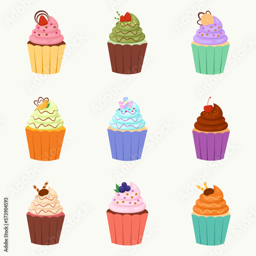 Set of colorful delicious creamy cupcake illustration vector