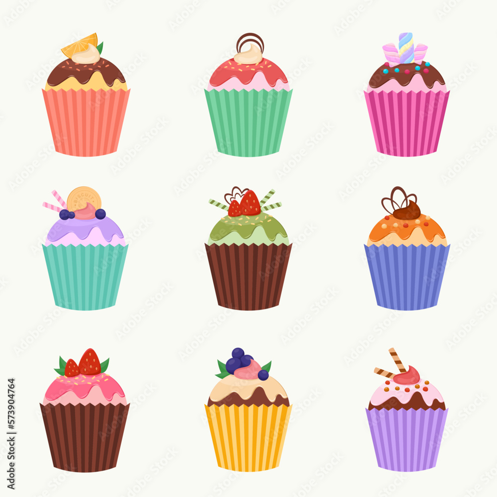 Colorful delicious cupcake with cream and topping collection illustration vector Colorful delicious cupcake with cream and topping collection illustration vector