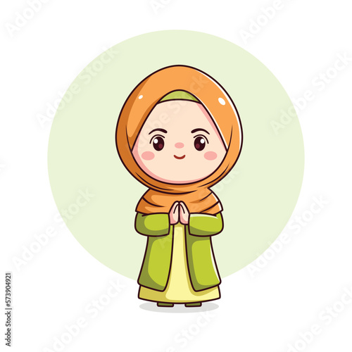 Cute hijab girl with greeting gesture kawaii chibi moeslim character