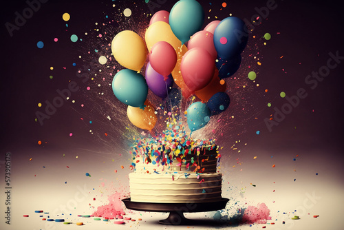 Generative Ai of a birthday cake and balloons. 