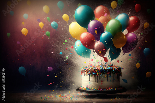 Generative Ai of a birthday cake and balloons. 