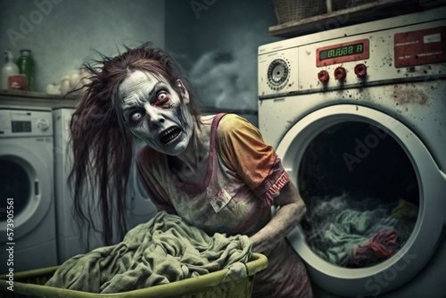 Zombie woman doing laundry. Motherhood concept. Generative AI. 