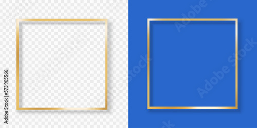 Set of vector shinning gold frames with shadow on transparent and blue background. Social media background, banner, or paper glamour card concept.