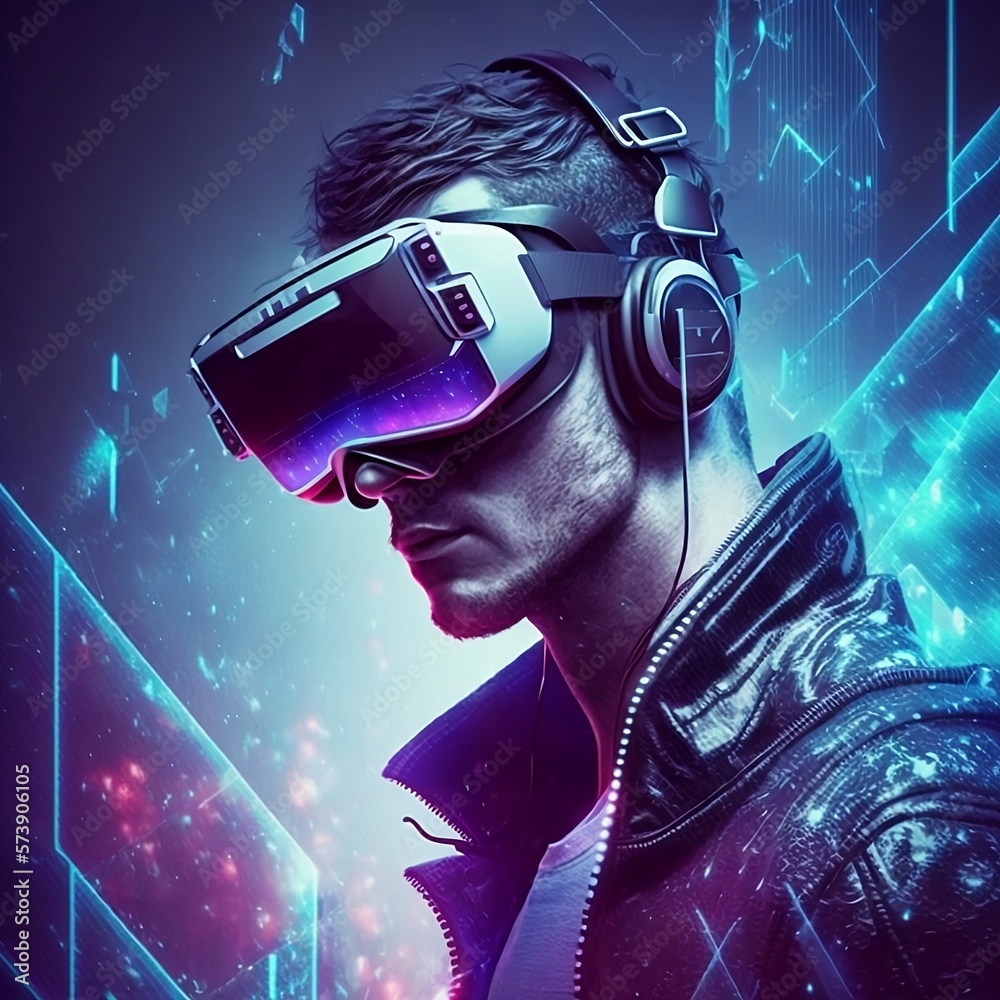 Futuristic man wearing wirtual reality headset at cyber space background. Metaverse concept. Player character in computer game interface.Created with Generative AI Futuristic man wearing wirtual reality headset at cyber space background. Metaverse concept. Player character in computer game interface.Created with Generative AI