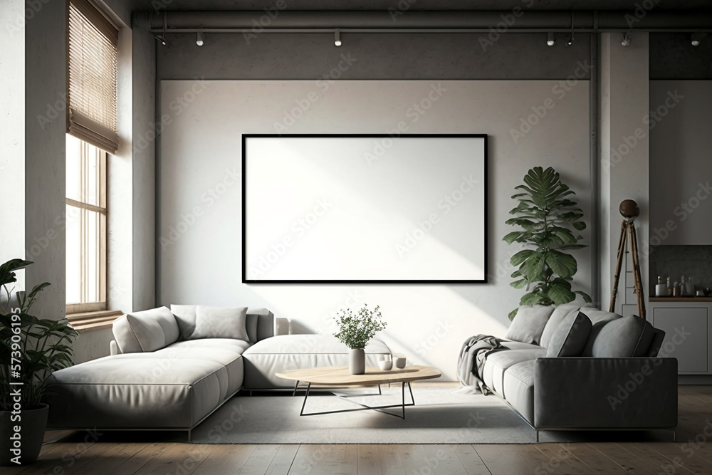 Blank poster frame mock up in a modern living room interior with sofa, plant, table and window Blank poster frame mock up in a modern living room interior with sofa, plant, table and window