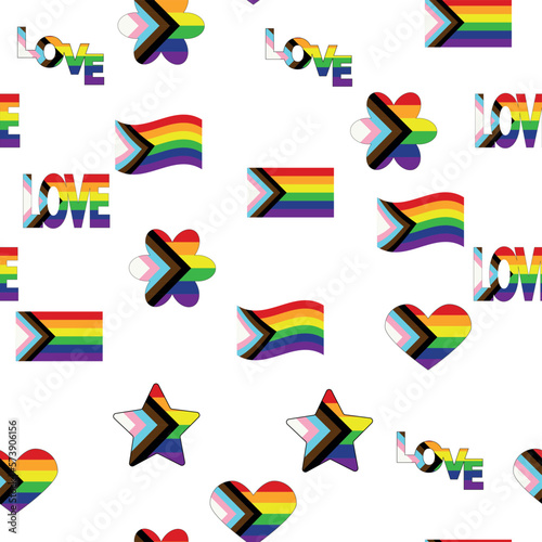 Seamless pattern with new lgbt flag, hearts, text, flower and flag. Gay pride. Pride Month. Love, lgbtq