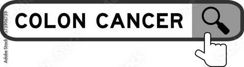 Search banner in word colon cancer with hand over magnifier icon on white background