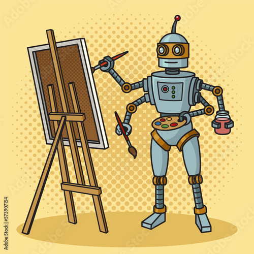 Robot artist painter pop art retro vector illustration. Comic book style imitation.
