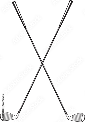 Crossed golf clubs black and white illustration.
