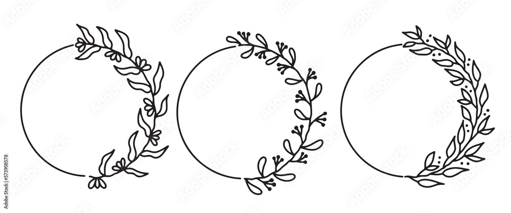 Hand drawn vector round frame. Floral wreath with branches. Decorative elements for design in doodle style