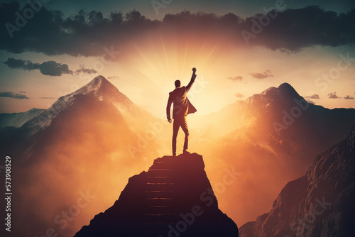 business man on top of mountain. success concept. generative ai