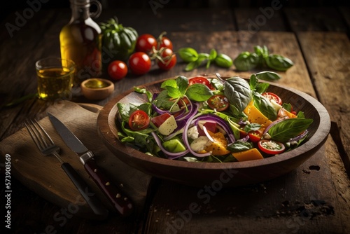 appetizing and bright salad of fresh vegetables with a little olive oil