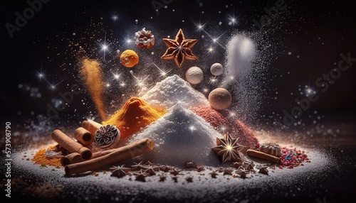  a christmas tree made of spices and spices on a black background with stars and snowflakes around it and a star of light above it.  generative ai