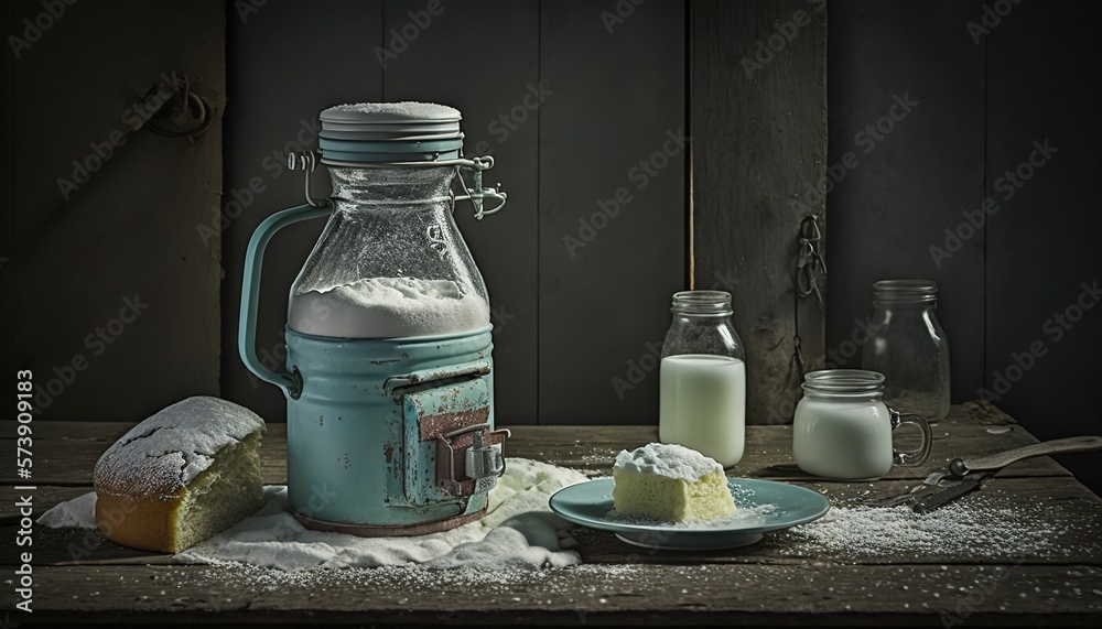 a table topped with a glass jar filled with milk and a piece of cake next to it on top of a plate next to a bottle of milk. generative ai a table topped with a glass jar filled with milk and a piece of cake next to it on top of a plate next to a bottle of milk. generative ai