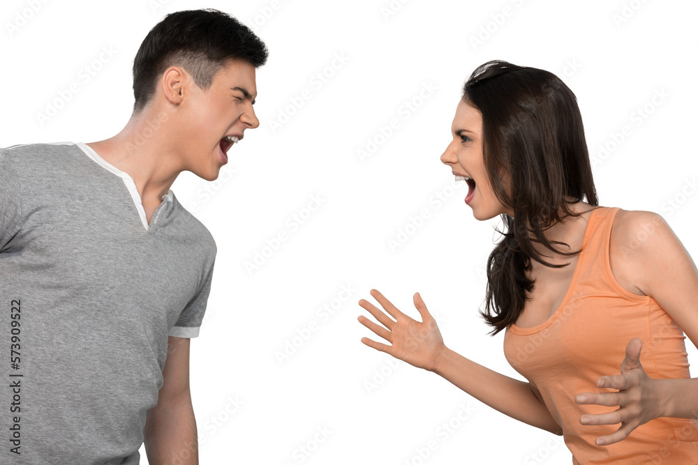 Young beautiful couple arguing and screaming with facial expression, isolated on white background Young beautiful couple arguing and screaming with facial expression, isolated on white background