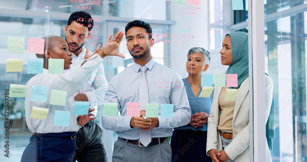 Meeting, collaboration and sticky notes with a business man training a ...