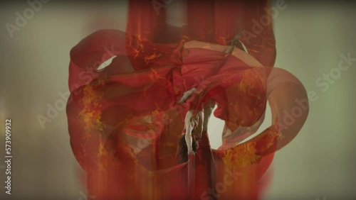 Art dance moves with long fabrics . Few shots of the powerful psychological contemporary ballet dancing movements with large textile materials . People dancing , flying , jumping  . Growth of cloth