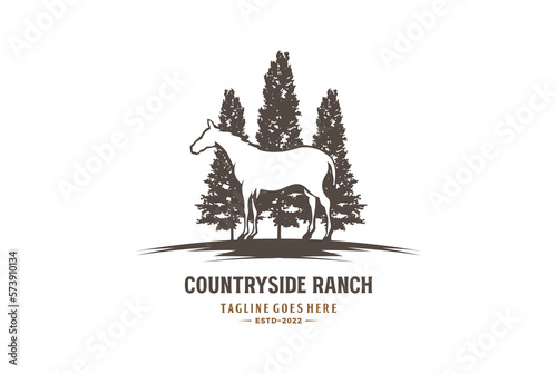 Vintage Horse Stallion with Pine Forest Countryside Rural Ranch Logo