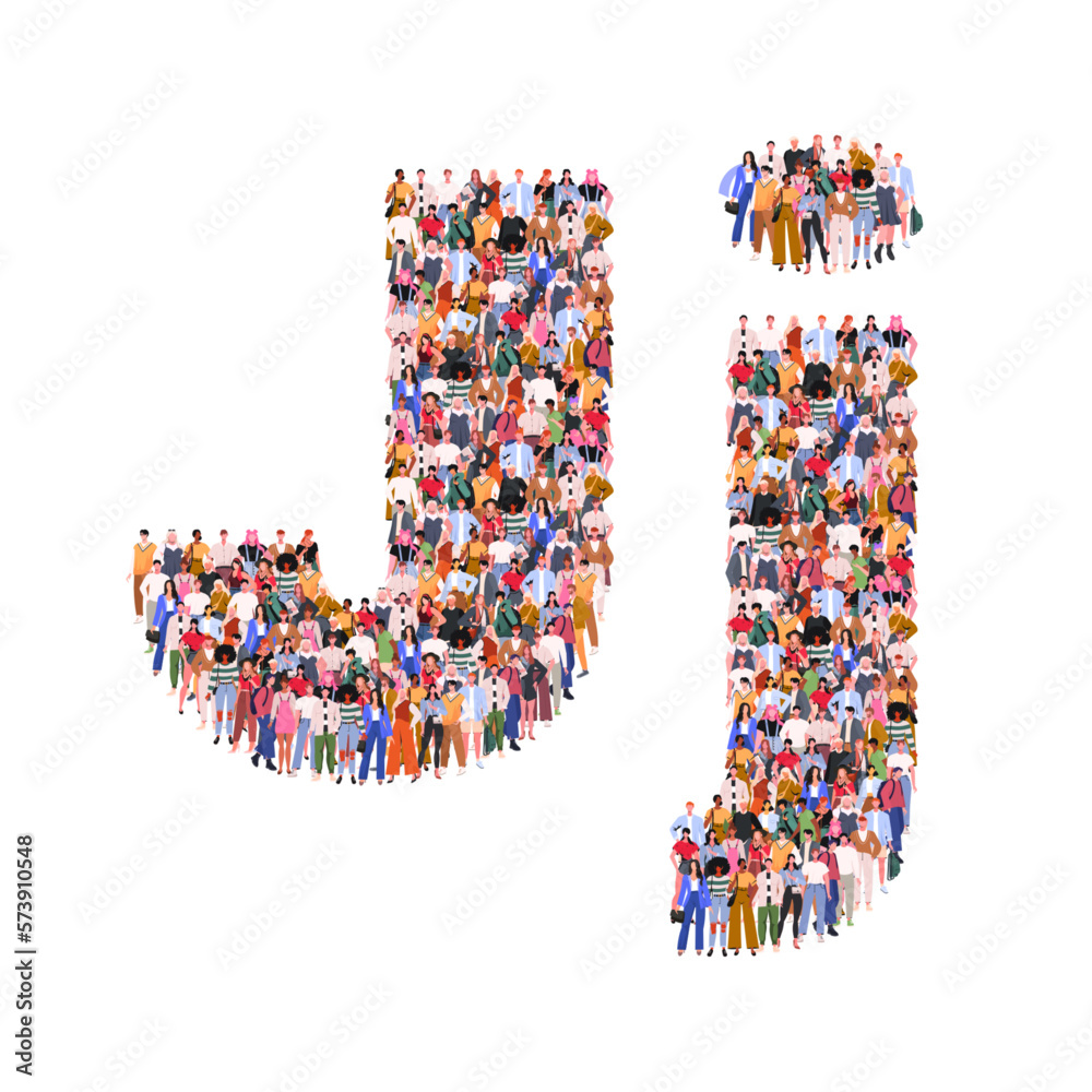 Large group of people in letter J form. People standing together. A crowd of male and female characters. Flat vector illustration isolated on white background. Large group of people in letter J form. People standing together. A crowd of male and female characters. Flat vector illustration isolated on white background.