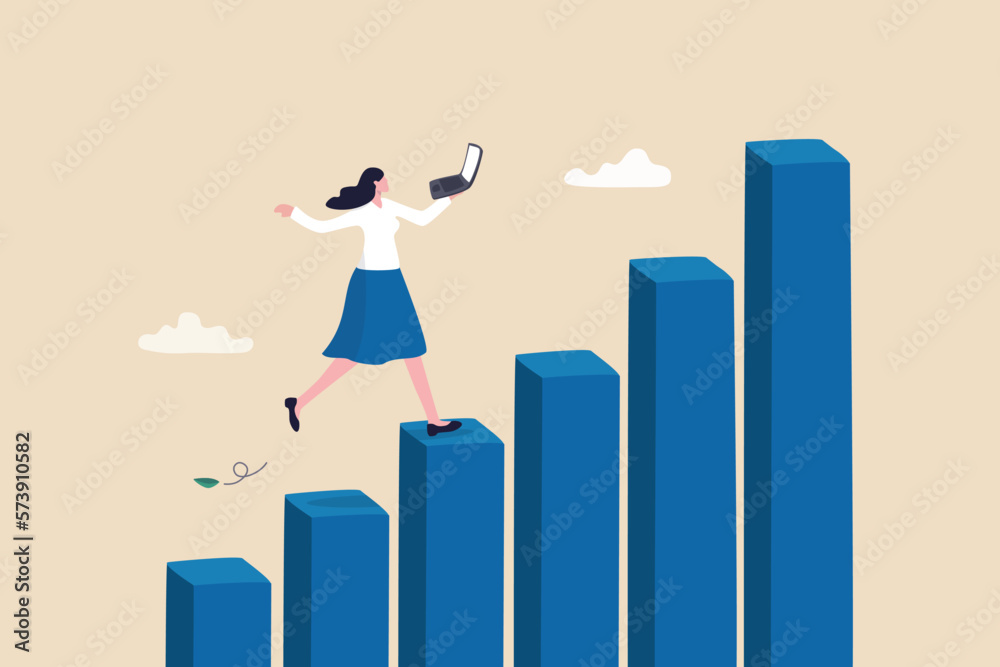 Φωτογραφία Growth or improvement, progress on career path to achieve business goal, motivation to success, step to skill development concept, businesswoman working on laptop walk up growing graph and chart