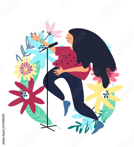 Dancing female pop singer by the stage microphone. Pop music concert. Vocal and dance performance. Vector illustration in flat style photo