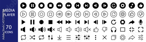 Media Player icons. Media player interface symbols - play, pause, volume, settings, stop. Video player icons set. Audio player buttons. Vector illustration photo