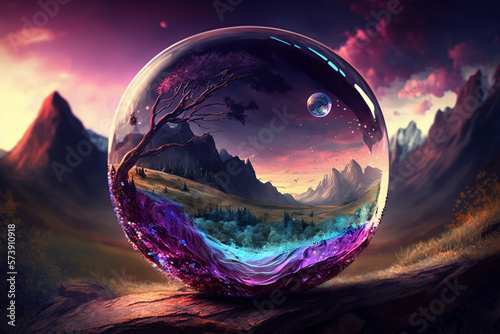 fantasy garden inside a glass globe, Generative AI