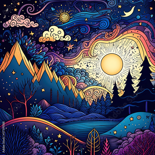 landscape with moon sun and stars, Digital Art, forest, dreamy world