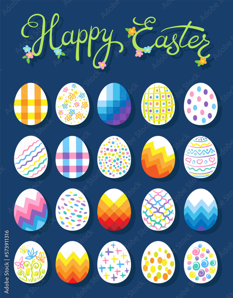 Happy Easter card. Collection of twenty decorative colorful eggs with inscription. Isolated on a dark blue background. Vector flat illustration.