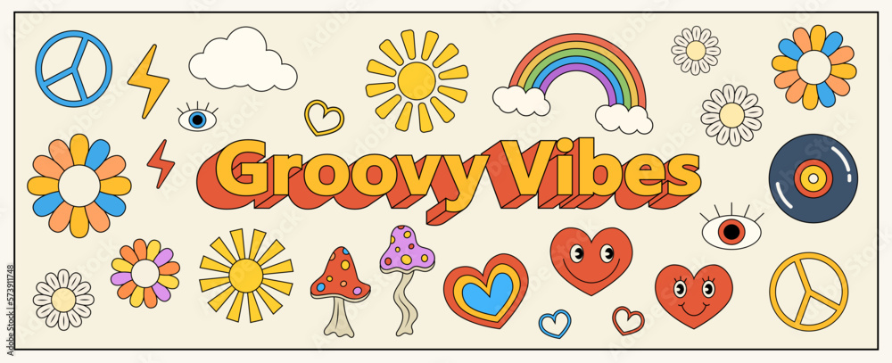 Group of groovy elements in 1970s style, groovy vibes phrase with set of decorative objects, flowers, daisy, sun, peace symbols, hearts, mushroom, vinyl disc and rainbow.