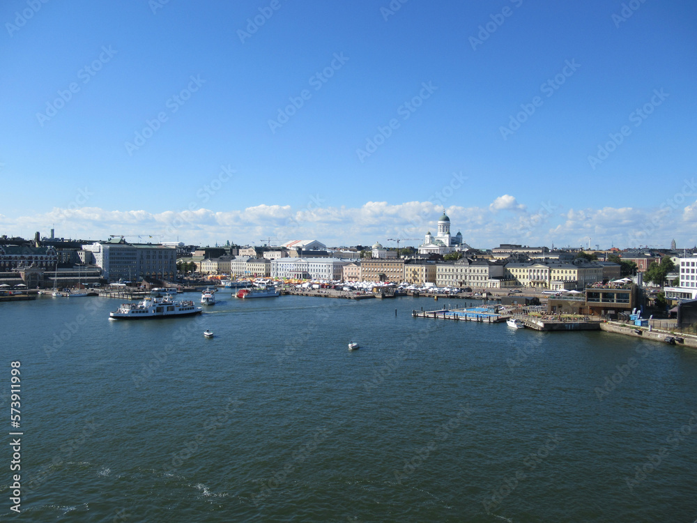Helsinki city panorama with Cathedral, historical buildings and boats
