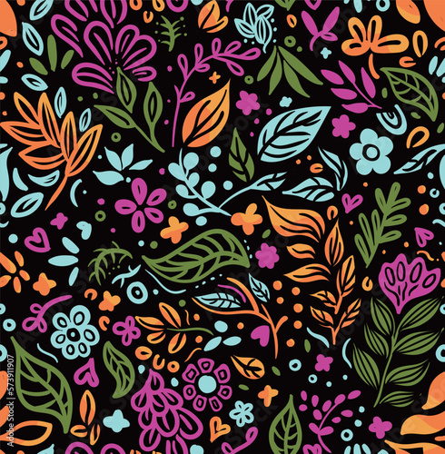 floral pattern in doodle style with flowers and leaves. seamless repeating pattern 
