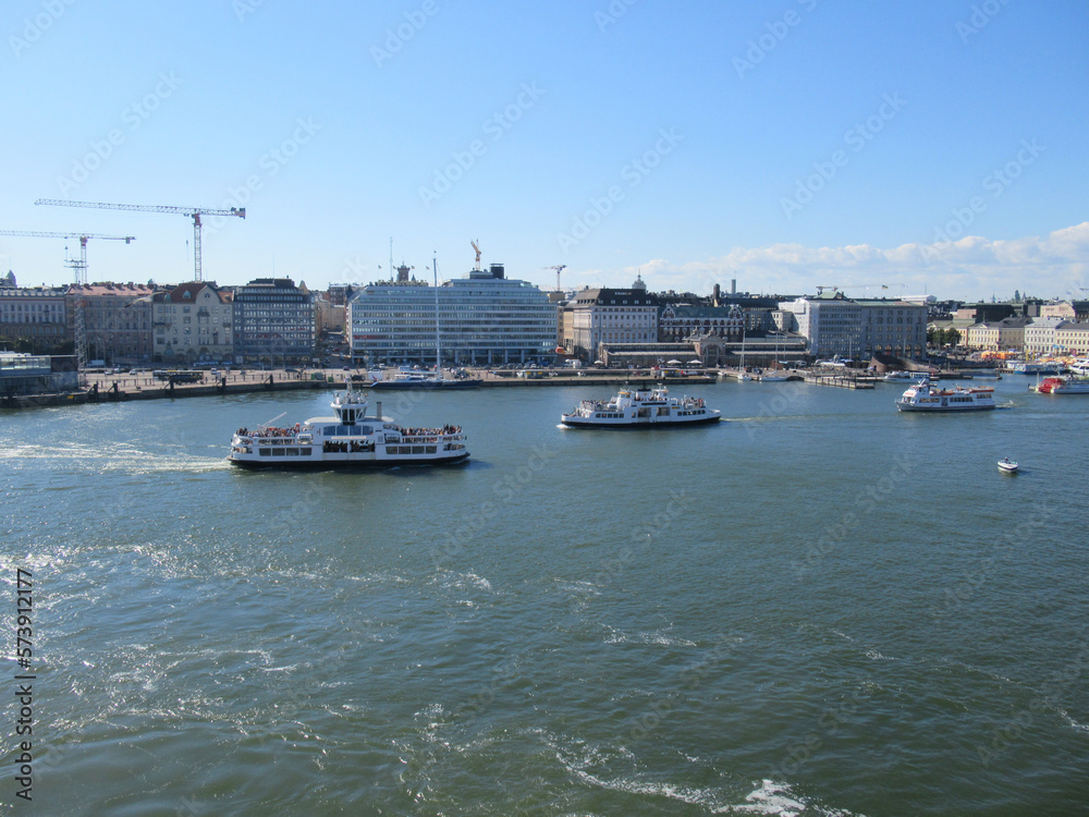Ferries and buildings in Helsinki on a summer day