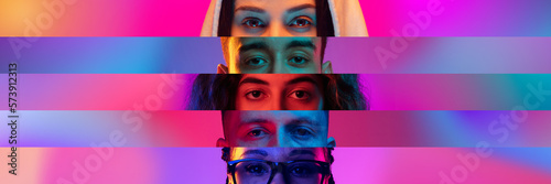 Collage. Close-up image of male and female eyes isolated on colored neon backgorund. Multicolored stripes. Concept of human diversity, emotions, equality, human rights, youth photo