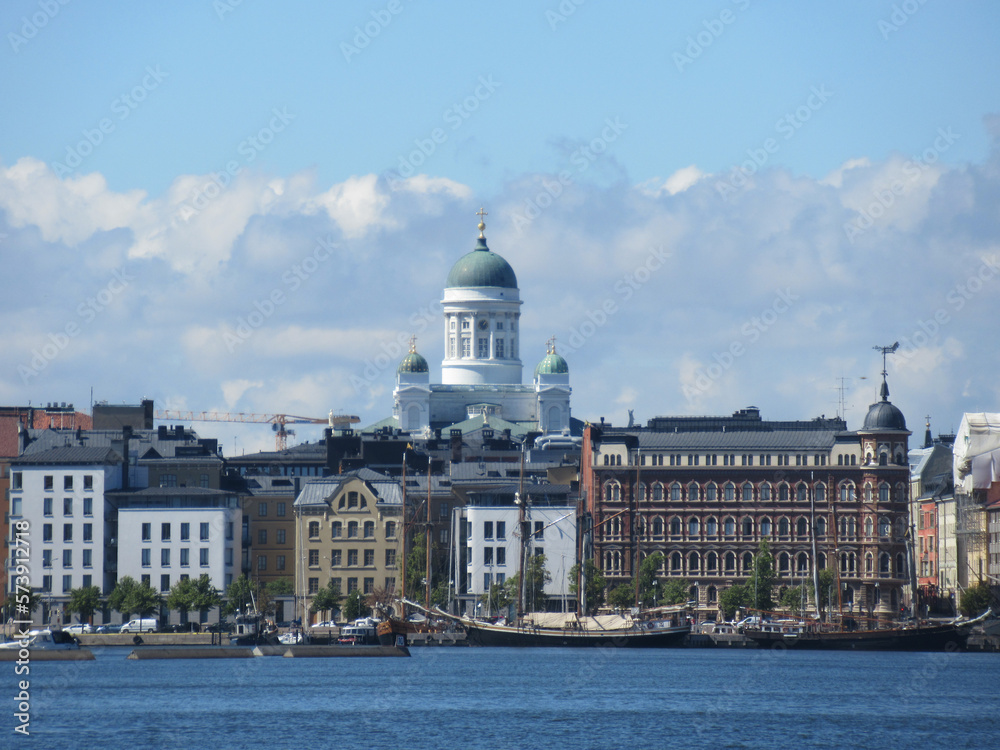 Helsinki Cathedral, sail ships and buildings with partly cloudy sky