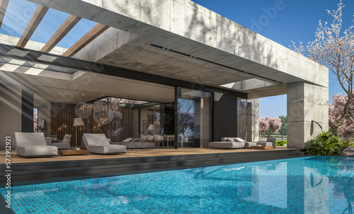 3d rendering of new concrete house in modern style with pool and parking for sale or rent and beautiful landscaping on background. Fresh spring day with a blooming trees with flowers of sakura. © korisbo