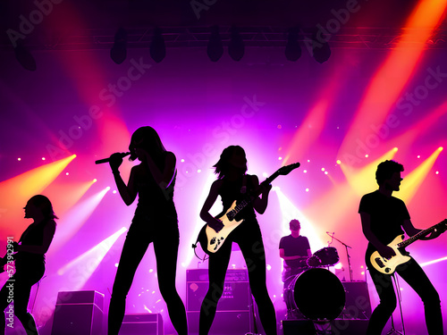 A Rock band in Silhouette on Stage with Colored Lights in the Background, generative ai