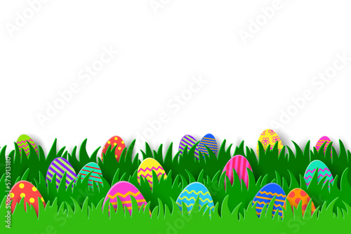 Coloured eggs hidden in the grass. Paper cut Easter background. Vector illustration