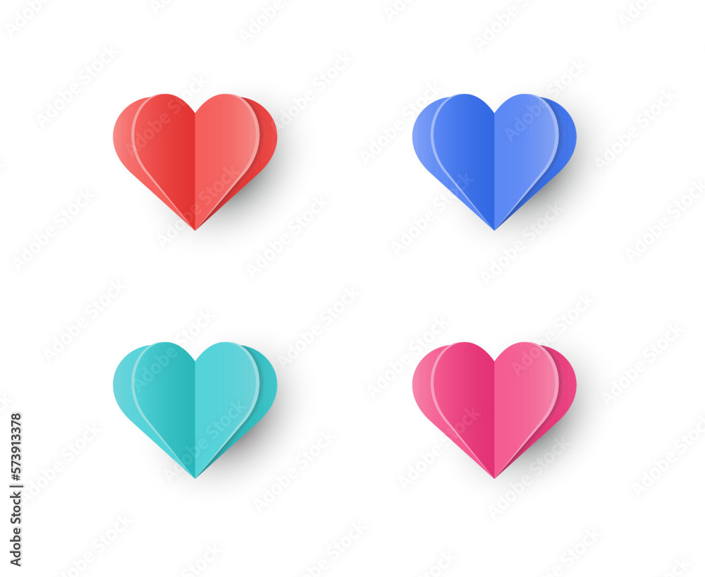Paper cut heart icons. Love symbol set for Valentine’s Day, Mother’s Day and Women’s Day. Vector illustration