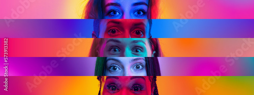 Collage. Widely open. Close-up image of female eyes placed on narrow stripes over multicolored background in neon light. Concept of human diversity, emotions, equality, human rights, youth photo