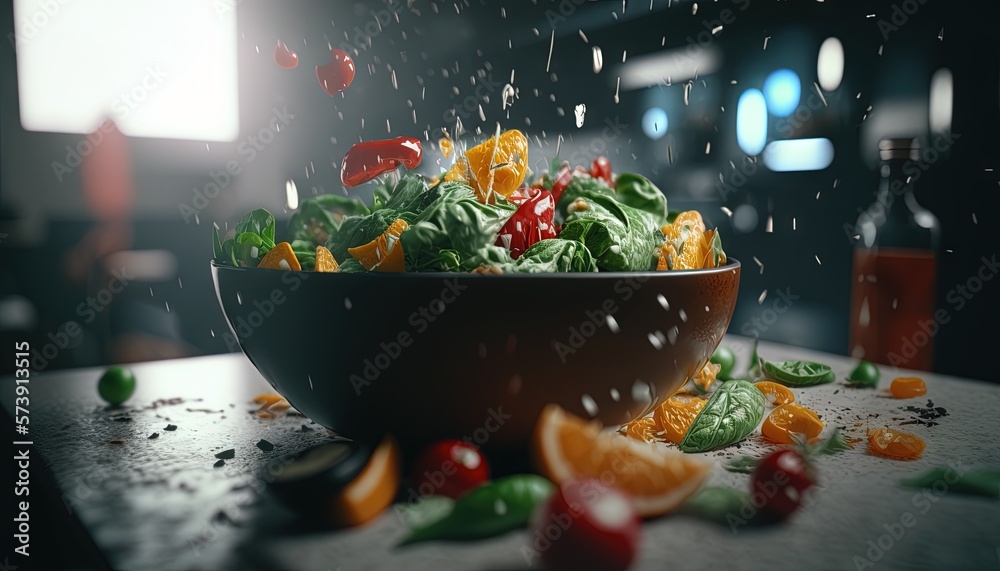 a bowl of salad with oranges, spinach and tomatoes on a table with a bottle of wine in the background and a splash of water on the table. generative ai a bowl of salad with oranges, spinach and tomatoes on a table with a bottle of wine in the background and a splash of water on the table. generative ai