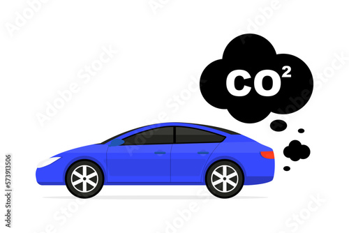 Car emits carbon dioxide. Car emits CO2 clouds. Cars air pollution concept. Illustration for save environmental, ecology and atmosphere. Concept of clean ecosystem. Vector illustration